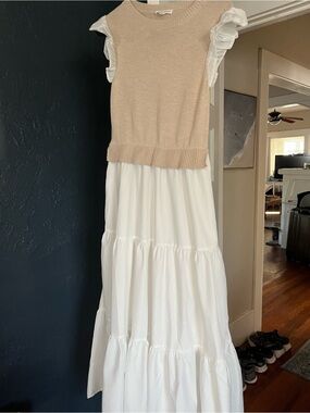 Beige Knit Bodice White Tiered Maxi Dress